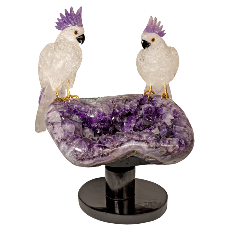 Quartz Cockatoo Couple On Amethyst Geode Bird Bath With Black Rotating ...